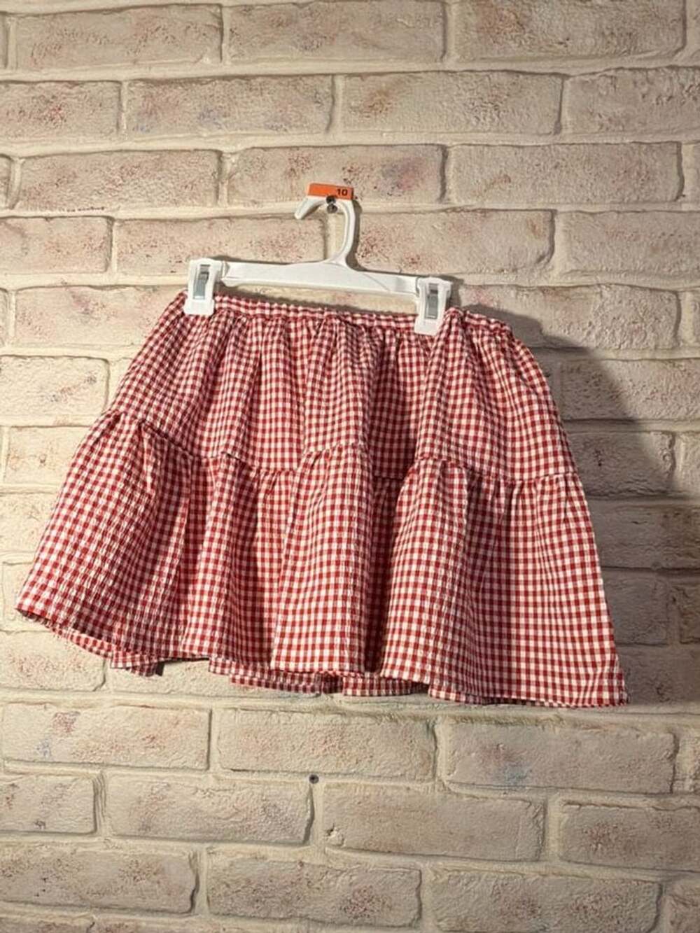 WAYF Red White Gingham Tiered Smocked Mini Skirt